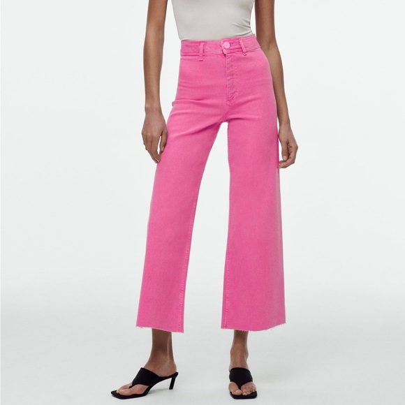 Zara ZW The Marine Straight Jeans Sz 8 Pink High Waist Cutoff Denim Pants - Picture 8 of 8